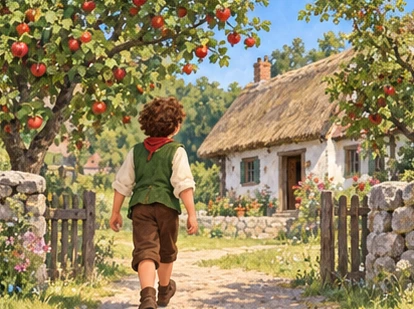 Empty-handed Hans approaches his mother's cottage among apple trees.