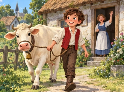 Red-vest Jack leads cream cow away from cottage as mother waves.