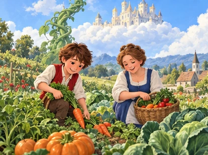 Jack and mother harvest vegetables beneath cloud castle in distant sky.