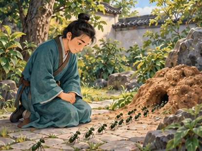Scholar kneeling at respectful distance from intact ant nest beside garden path, no digging or fire.