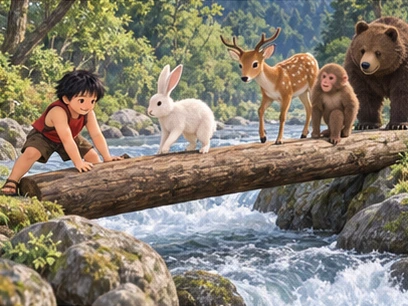 Boy firmly bracing broad fallen log bridge, hare crossing low steady log, animals wait in line.