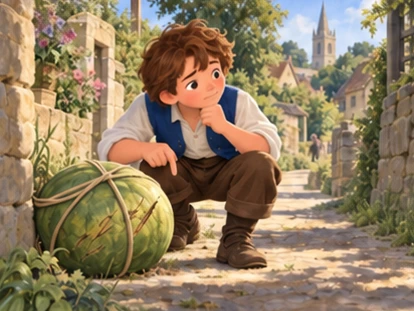 Jack notices scratched melon tied with string on village lane.