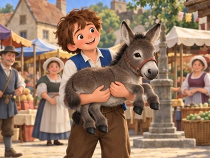 Jack briefly holds tiny young donkey with supported body in village square.