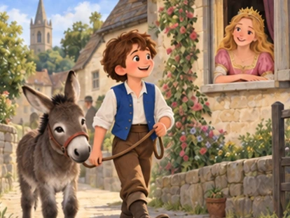 Jack leads tiny donkey safely home while princess smiles from window.