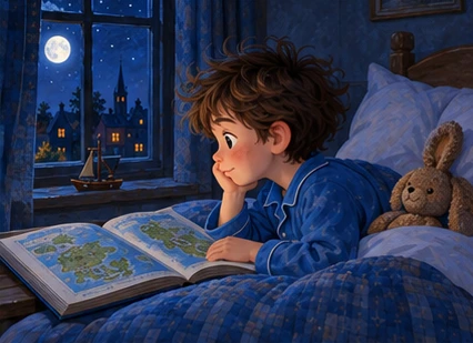 Tuk looks at geography book beside dark window then rests in bed.