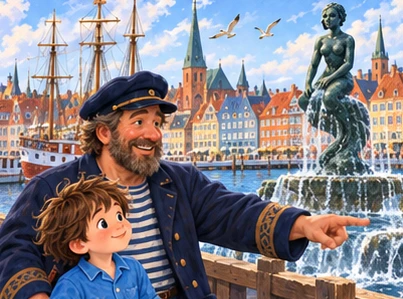 Dream sailor guides Tuk past harbour boats and flowing town fountains.