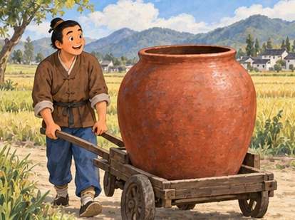Farmer beside huge terracotta earthenware cask on sturdy low cart in field.