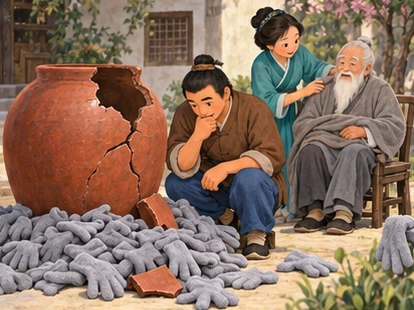 Cracked cask on ground among gloves, farmer kneeling thoughtfully while wife tends seated grandfather.