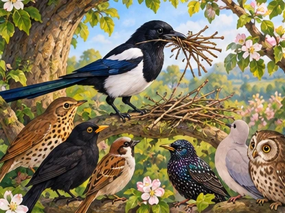 Black-white magpie gathers nest materials in sturdy tree fork before bird pupils.