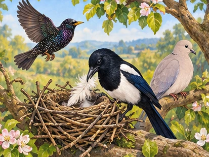 Starling leaves while magpie adds soft lining; dove looks distracted nearby.