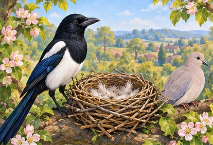 Magpie pauses beside finished nest with only distracted dove remaining.