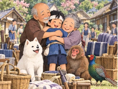Village welcome elderly parents hugging boy, dog monkey pheasant beside restored belongings.