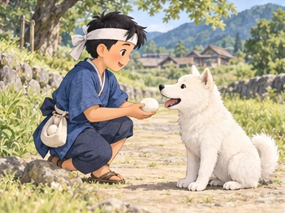 Boy sharing rice cake with white dog on village trail.
