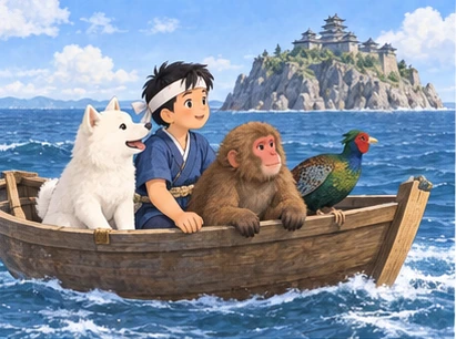 Four friends safely seated in broad wooden boat, calm sea island ahead.
