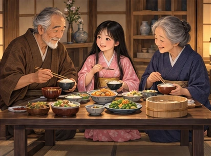 Three family members preparing meal together by low table, warm cottage evening.