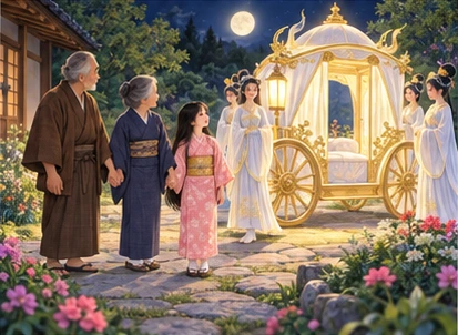 Three family members holding hands beside luminous carriage at garden ground, attendants waiting gently.
