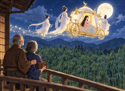 Moon carriage high above bamboo with girl seated safely, elderly couple on veranda holding box.