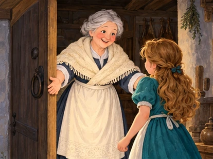 Grey-haired Mother Holle in cream shawl welcomes teal-dress girl into cottage.