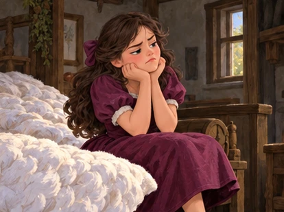 Plum-dress sister sits idly beside unshaken quilt in Mother Holle's cottage.