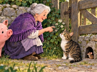 Old woman asks tabby cat near mouse hole beside wooden gate.