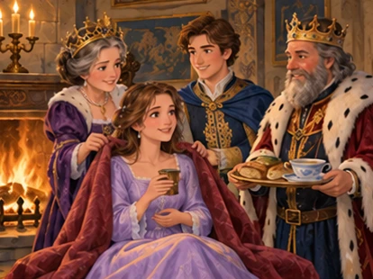 Princess warms by fire while royal family offers dry cloak and meal.