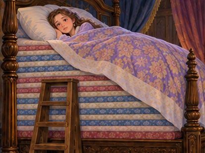 Princess lies beneath quilt atop mattress stack with supported steps beside bed.