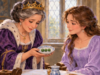 Queen shows three peas in small dish and apologises to princess.