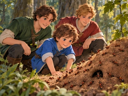 Youngest brother in blue tunic watches an anthill beside two older brothers.