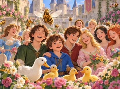 Three brothers celebrate in a flower-filled courtyard with ducks and bees.