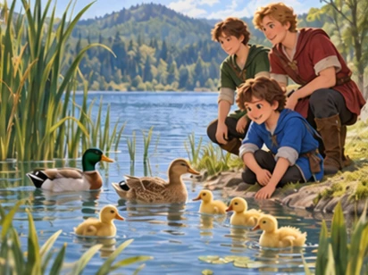 Brothers leave ducks peaceful at a reed-lined lake.