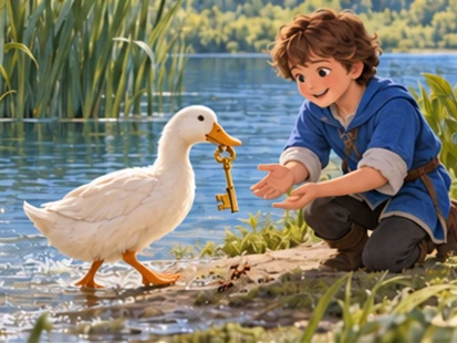 Duck carries golden key onto lake bank beside blue-tunic brother.