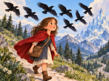Red-cloaked girl carries small satchel and ring along path beneath seven ravens.