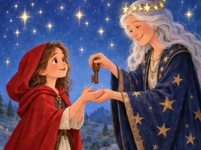 Gentle star keeper gives wooden key to red-cloaked girl beneath bright stars.