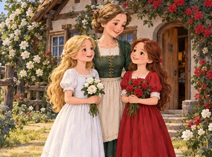 White-dress and red-dress sisters stand with mother outside rose-covered cottage.