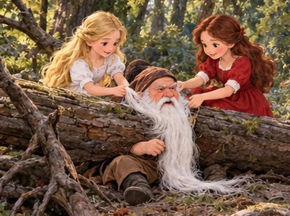 Sisters free little man's long white beard caught in fallen log.