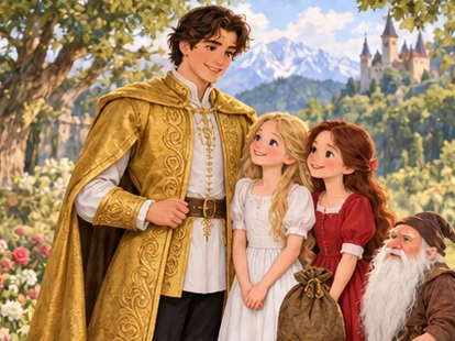 Prince in golden coat stands beside sisters and returned jewel bag.