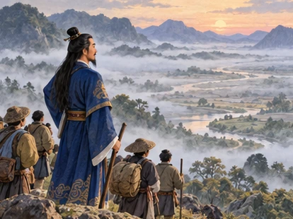 Ancient Chinese ruler blue robe gold sash looking across foggy plain with waiting travellers.