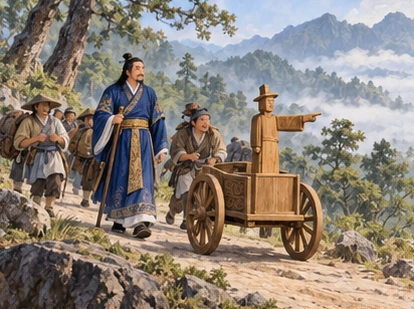 A carriage follows a winding path with its wooden arm pointing ahead. Travellers follow with bundles.