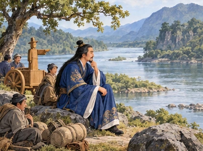 Carriage and travellers resting well back from broad river, Kotei thoughtful beside pond.