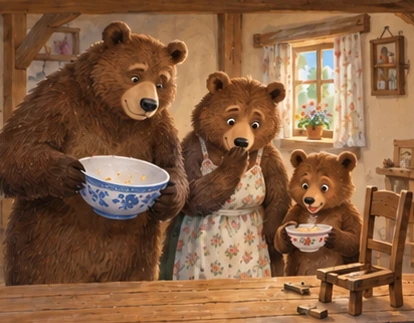 Three bears inspect empty small bowl and cracked chair downstairs.