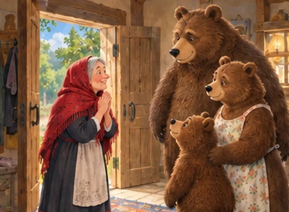 Visitor apologises to three bears at open cottage doorway.