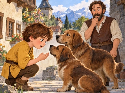 Mustard-tunic boy listens to brown dogs while father watches with surprise.