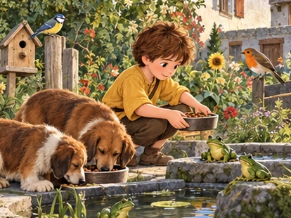 Boy cares for dogs birds and frogs in a green village garden.