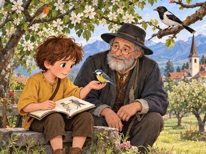 Boy studies birds in an orchard beside a patient teacher.