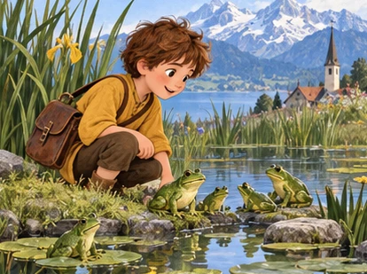 Boy listens to green frogs by a pond while carrying a travel satchel.