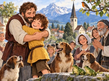 Father embraces boy beside restored pond with villagers and animals around.