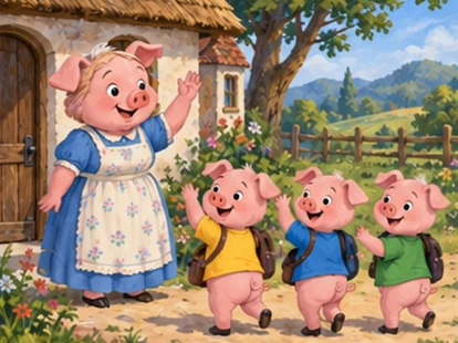 Three pink pigs in yellow blue green shirts wave goodbye to mother.