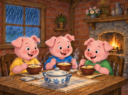 Three pigs share warm soup inside brick house while rain falls outside.