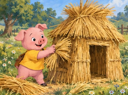 Yellow-shirt pig builds a small straw house in meadow.