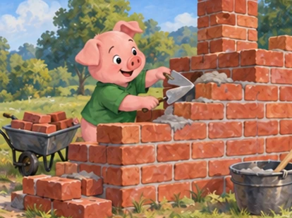 Green-shirt pig carefully lays red bricks with mortar for strong house.